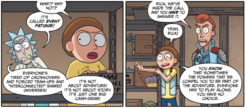 Rick and Morty discussing how everyone who reads comics experiences event fatigue.